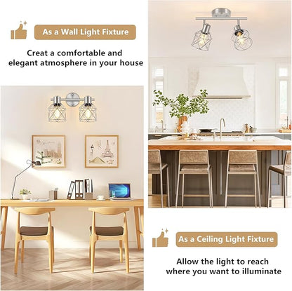 2-Light Brushed Nickel Semi Flush Mount Ceiling Light, Hallway Light Fixtures with Metal Wire Cage, Vintage Adjustable Track Spotlight Ceiling Fixtures for Dining Room, Farmhouse, Entryway