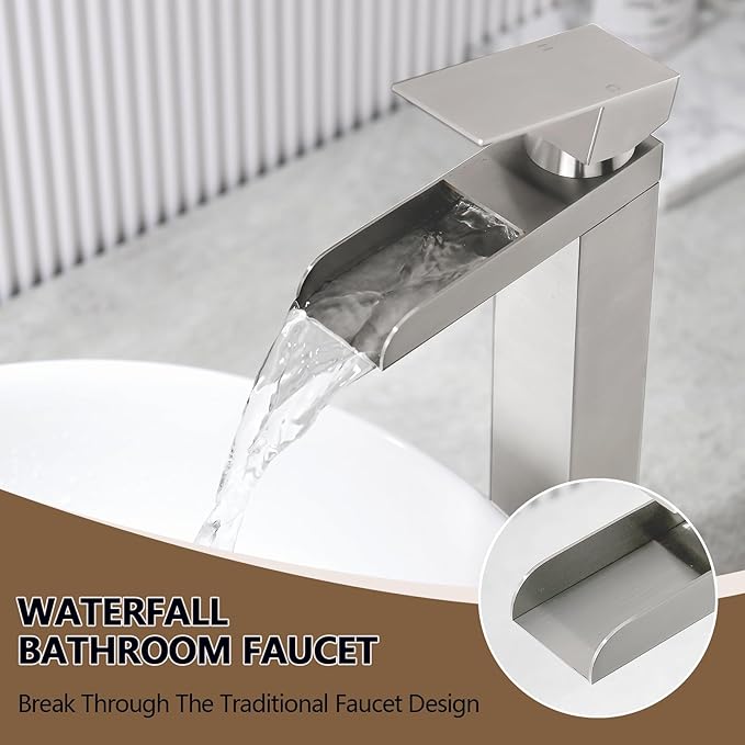 Tall Bathroom Faucet, Brushed Nickel Waterfall Bathroom Faucets for 1 Hole, Single Handle Lavatory Bathroom Vessel Sink Faucet with Hoses and Pop-up Drain KMBF015L-1