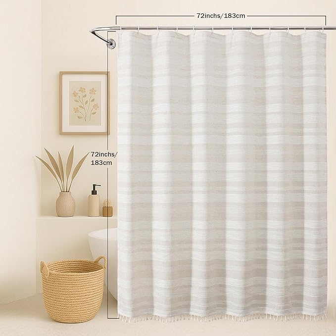Natural Linen Shower Curtain for Bathroom, Boho Farmhouse Rustic Striped Shower Curtain with Tassel, Textured Heavy Duty Vintage Country Bathroom Curtain, 72Wx72L Inches