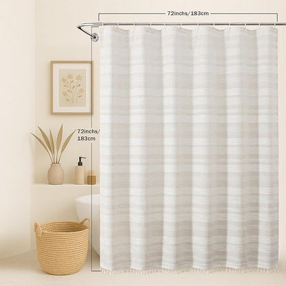 Natural Linen Shower Curtain for Bathroom, Boho Farmhouse Rustic Striped Shower Curtain with Tassel, Textured Heavy Duty Vintage Country Bathroom Curtain, 72Wx72L Inches