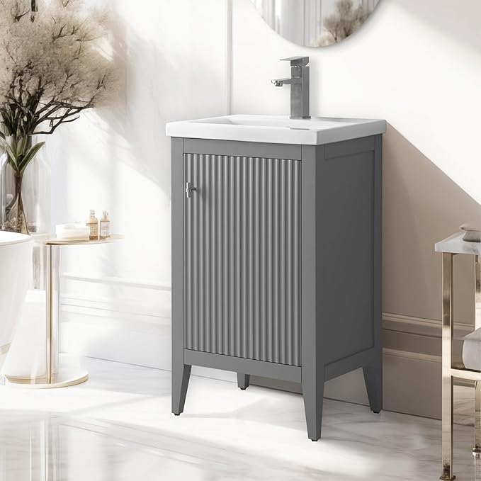 Vanity Art 20 inch Bathroom Vanity with Single Sink & Ceramic Top, Vanity Cabinet with Soft-Closing Door, Solid Wood Frame, Linear Pattern, Cashmere Gray, Golden Brushed Handware VA9120-G-GB