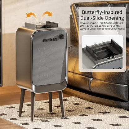 MRBIN Motion Sensor Bathroom Trash Can with Leg, Odor Control 5.5 Gal Tall Automatic Waste Basket for Bedroom, Ozone Purification Neutralizing, Touchless Butterfly Lid, Eclipse Grey