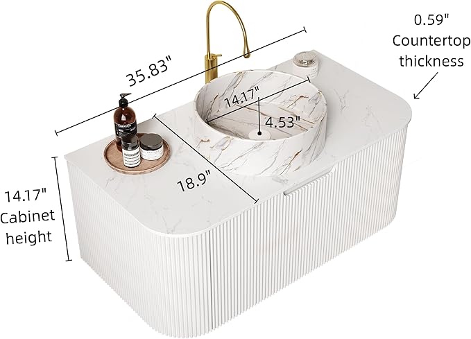 36'' Bathroom Vanities Cabinet with Sink Combo, Wall Mounted Floating Cabinet W/Curved Edges Stripes, Oak Plywood, Soft-Close System with a Drawer, White Round Ceramic Basin - Kiel, White/S