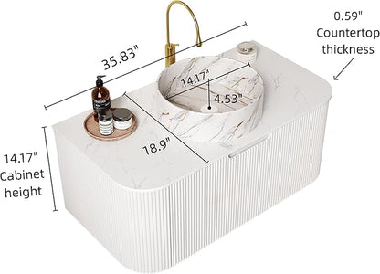 36'' Bathroom Vanities Cabinet with Sink Combo, Wall Mounted Floating Cabinet W/Curved Edges Stripes, Oak Plywood, Soft-Close System with a Drawer, White Round Ceramic Basin - Kiel, White/S