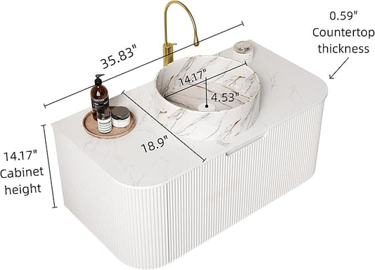 36'' Bathroom Vanities Cabinet with Sink Combo, Wall Mounted Floating Cabinet W/Curved Edges Stripes, Oak Plywood, Soft-Close System with a Drawer, White Round Ceramic Basin - Kiel, White/S