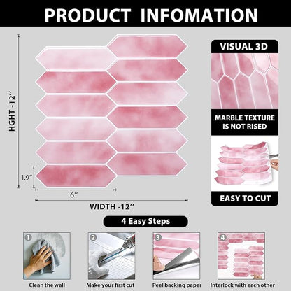 ReWallpaper 34-Sheet Self Adhesive Kitchen Backsplash Tiles Peel and Stick Marble Tile Sticker for Bathroom Waterproof Pastel Pink Long Hexagon Stick on Backsplash for Fireplace RV Living Room 12"x12"