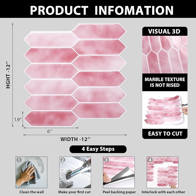 ReWallpaper Pink Peel and Stick Backsplash for Kitchen 12"x12" Waterproof Long Hexagon Tile Removable Marble Look Back Splash Stick on Tiles for Bathroom RV Fireplace Renter Friendly 3-Sheet