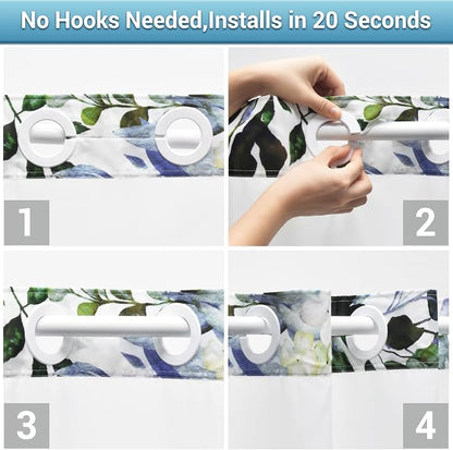 No Hook Floral Shower Curtain with Liner, Eucalyptus Green, 71x77 | Snap in Liner, 3 in 1, Water Repellent, Easy Install, Machine Washable, Hotel Style for Bathroom, Watercolor Pattern