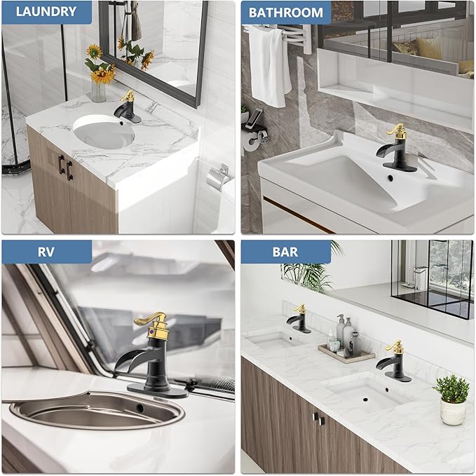 Homevacious Bathroom Faucet Black and Gold Waterfall Bathroom Sink Faucets with Single Handle Rustic Vanity Farmhouse RV Faucet Suitable for 1 or 3 Holes with Pop-up Drain Deck Plate Hose