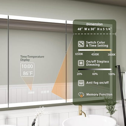 Recessed Medicine Cabinet with Mirror 48 x 30 Inch Led Medicine Cabinet for Bathroom Wall Mount Lighted Medicine Cabinet with Storage, 3 Colour Lights Dimmable Defog, Time/Temp Display