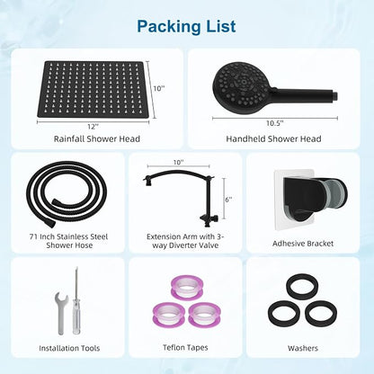 Hibbent All Metal 12" High Pressure Rain Shower Head Combo, Matte Black | cUPC Certified Rainfall Shower Head with handheld 10 Sprays, 16'' Adjustable Extension Arm, 71'' Hose, Showerhead Holder