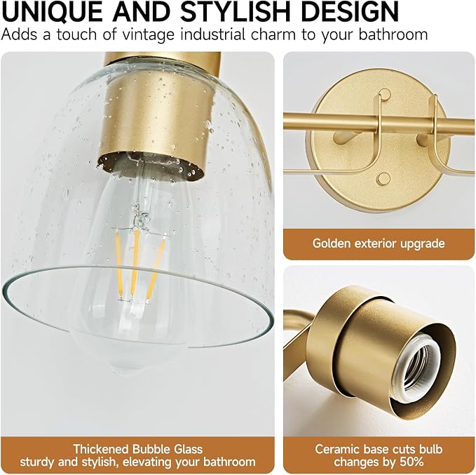 3-Light Bathroom Vanity Light Fixtures, 21 Inch Modern Industrial Golden Vanity Lights for Bathroom Light Fixtures with Bell Bubble Glass Shade Wall Sconce for Mirror, Bedroom, Hallway