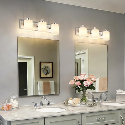 SOLFART Modern Brushed Nickel 3 Light Vanity Sconces for Bathroom, Milky Glass Globe Bathroom Light Fixtures, 3 Lights Over Mirror Wall Mount Lighting (Bulbs Not Included)