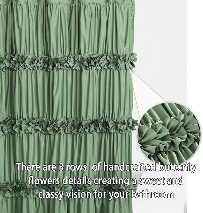 Homechoice Decor Light Green Ruffle Shower Curtain 72" W x 72" H | Vintage Handcrafted Bow Tie Bath Curtain for Master Bathroom, Ruched Microfiber Bathroom Curtain with 12 Buttonholes (LQ-10)