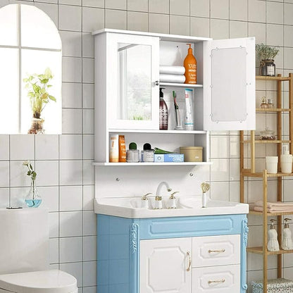 Salches Wall Mounted Bathroom Cabinet w/2 Mirrored Doors, Over-Toilet Hanging Cabinet w/Shelves, Wooden Medicine Storage Organizer for Living Room/Corridor/Cloakroom/Kitchen, 22” x 5” x 23” (White)
