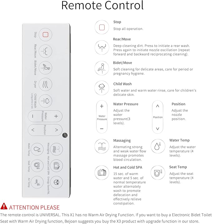 X1 Electric Bidet Seat for Elongated Toilets with Remote Control- Electronic Heated Toilet Seat with Endless Warm Water and Multifunctional Wash Functions，White，Easy Installation