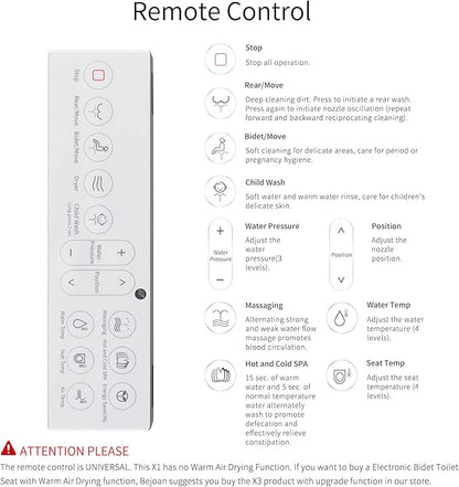 X1 Electric Bidet Seat for Elongated Toilets with Remote Control- Electronic Heated Toilet Seat with Endless Warm Water and Multifunctional Wash Functions，White，Easy Installation