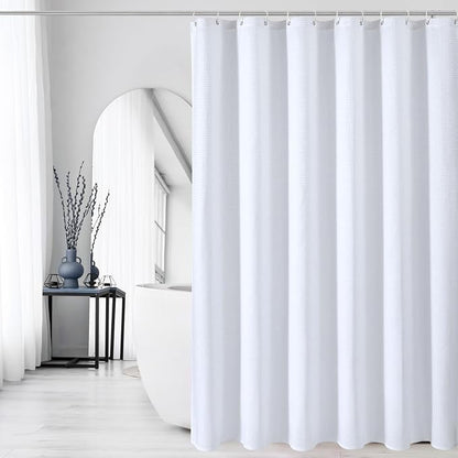 Extra Long White Fabric Shower Curtain, 72 x 84 | Tall Cloth-Textured Shower Curtain for Bathroom, Water Repellent, Machine Washable