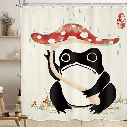 LGhtyro Funny Frog Shower Curtain Bathroom Set 71Wx71H Inches Mushroom Lovely Asian Traditional Black Beige Red Green Grassland Japanese Bath Accessories Cute Art Home Decor Fabric 12 Pack Hooks