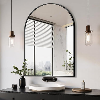 Arched Bathroom Mirror, 28"x40", Black | Wall Mounted, Vanity Mirror, For Bedroom, Living Room and Entryway