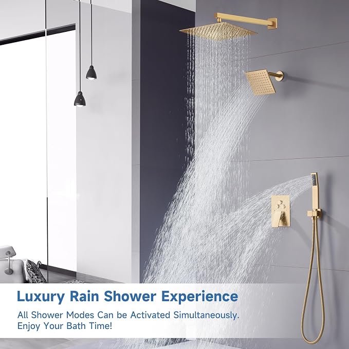 Dual Rainfall Shower Head System Brushed Gold, 3-Function Push Button Shower Faucet Set with 12" Wall Mount Rain shower head and 6" Wall Mount Shower Head, Pressure Balance Rough-in Valve