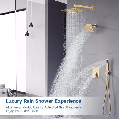 Dual Rainfall Shower Head System Brushed Gold, 3-Function Push Button Shower Faucet Set with 12" Wall Mount Rain shower head and 6" Wall Mount Shower Head, Pressure Balance Rough-in Valve