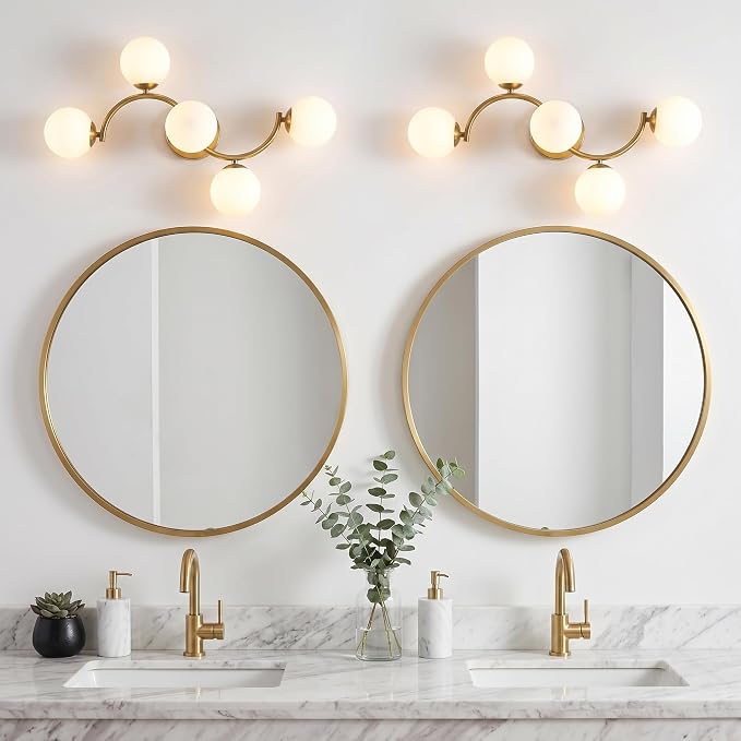 Mieloxiy 5-Light Gold Bathroom Vanity Light, Modern Mid Century Bathroom Light Fixtures Over Mirror with Milk Glass Globe Shades, G9 Wall Sconce for Vanity, Bedroom, Hallway, Bulbs Not Included