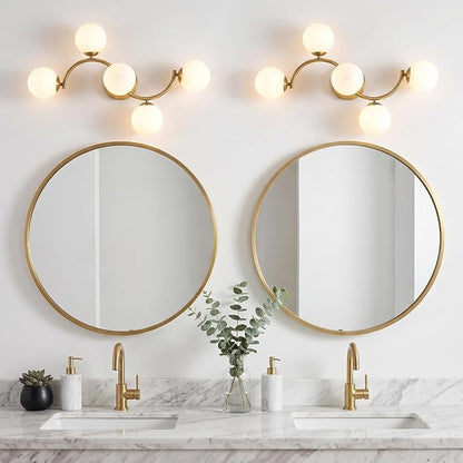 Mieloxiy 5-Light Gold Bathroom Vanity Light, Modern Mid Century Bathroom Light Fixtures Over Mirror with Milk Glass Globe Shades, G9 Wall Sconce for Vanity, Bedroom, Hallway, Bulbs Not Included