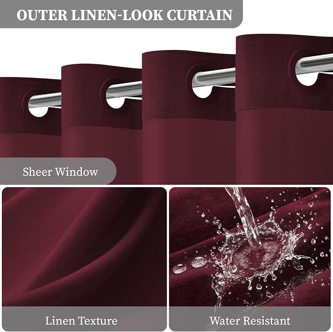 Burgundy Ringless Linen Look Shower Curtain with Snap in Liner, 72x75 | 3 in 1 Hotel Shower Curtain Set, Removable Liner, Waterproof & Washable, Mesh Top Window, Durable Fabric, Easy to Install