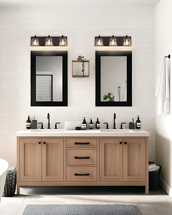 Vanity Lights for Bathroom Large 23", Farmhouse Rustic Vanity Light with Bubble Glass Shades, Black 3 Light Bathroom Lighting Fixtures Over Mirror, Bath Wall Sconce Home Decor
