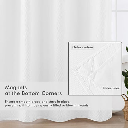 No Hook Long Shower Curtain with Snap-in Liner 71x80, White | Embossed Waffle-Look Textured, Sheer Window Hotel Style, Soft & Washable, 71 x 80 long Fabric Shower Curtain for Bathroom