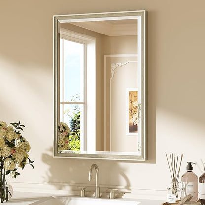 Keonjinn Brushed Nickel Bathroom Mirrors for Over Sink 20" x 30", Rectangle | Safer HD Tempered Glass, Beveled Edge, Aluminum Alloy Framed, Transitional Decorative, Silver Bathroom Vanity Mirror for Wall