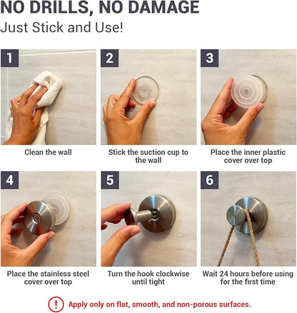 Suction Cup Hooks for Shower - 4 Pack, Matte Black - Stainless Steel, Strong Suction, No Drill, Removable Hanger, Tile Bathroom Kitchen Wall, Glass Door, Mirror Hook Hanging Robe, Towel Holder