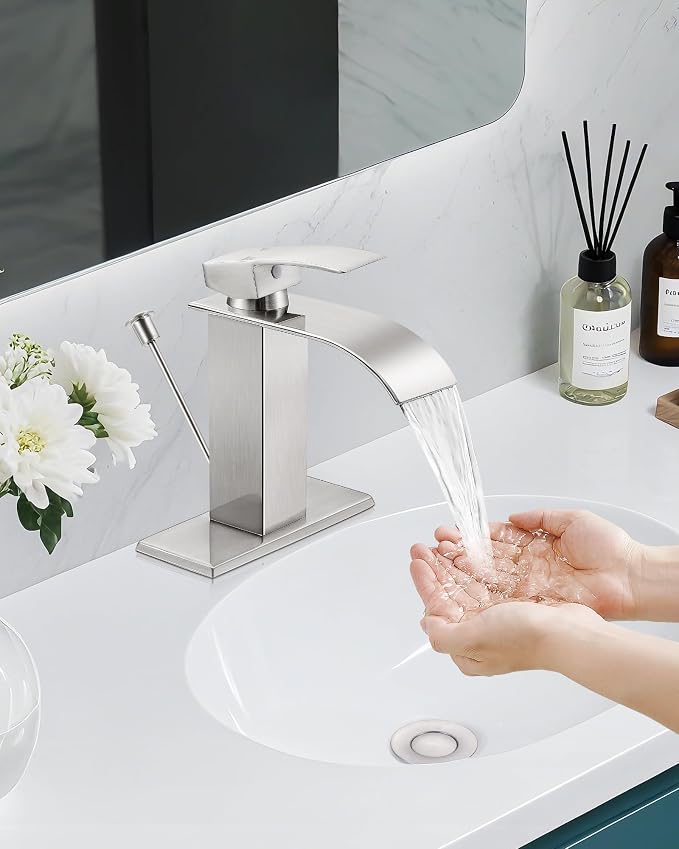Brushed Nickel Waterfall Bathroom Faucet Single Handle with Lift Rod Drain | Bathroom Sink Faucet,Stainless Steel,supply hoses Deck included,1 or 3 Hole,Fits home,RV,farmhouse bathrooms