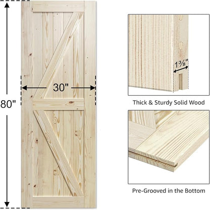 SmartStandard 30in x 80in Sliding Barn Wood Door Pre-Drilled Ready to Assemble, DIY Unfinished Solid Spruce Wood Panelled Slab, Interior Single Door Only, Natural, K-Frame (Fit 5FT Rail) | Pre-Drilled Ready to Assemble, DIY Unfinished Solid Spruce Wood...
