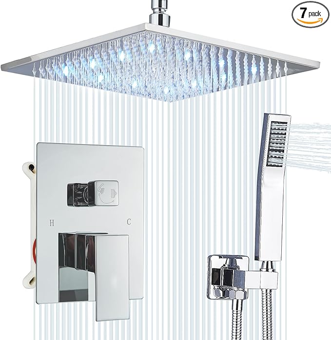 Ceiling Mount Shower Faucet Set 12 Inch LED Rainfall Shower Head Bathroom Rainfall Shower System with Handheld Spray Rough-in Valve Body and Trim Included, Chrome Finished