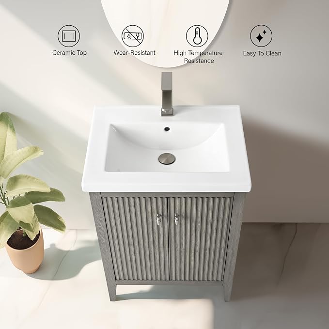 Vanity Art 24 inch Bathroom Vanity with Single Sink & Ceramic Top, Vanity Cabinet with Soft-Closing Door, Solid Wood Frame, Linear Pattern, Driftwood Gray, VA9124-DG-MB,Matte Black Handles