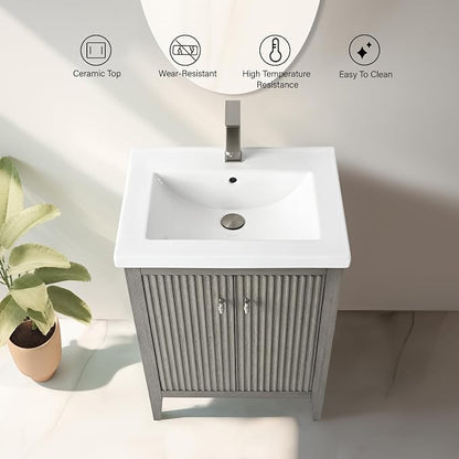 Vanity Art 24 inch Bathroom Vanity with Single Sink & Ceramic Top, Vanity Cabinet with Soft-Closing Door, Solid Wood Frame, Linear Pattern, Driftwood Gray, VA9124-DG-MB,Matte Black Handles