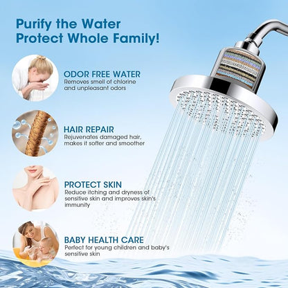 6 Inch High Pressure Rain Shower Head with 20-Stage Filter | Softens Hard Water to Improve Hair & Skin, Luxury Polished Chrome Finish, No Tools Needed, Universal Connection