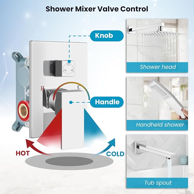 gotonovo Bathtub Shower Faucet Set, 12 Inch Shower Head, Polish Chrome | Wall Mounted Shower System with Tub Spout for Bathroom, Square High Pressure Rain Shower head with Handheld Spray, All Metal
