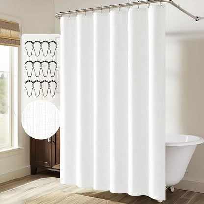 MIULEE W72*L96 Extra Long Linen Shower Curtain White 12 Metal Hooks | Washable, Heavy Fabric Shower Curtain Set, Waterproof Thick Cloth Shower Curtain, Bathroom Hotel Bathtub