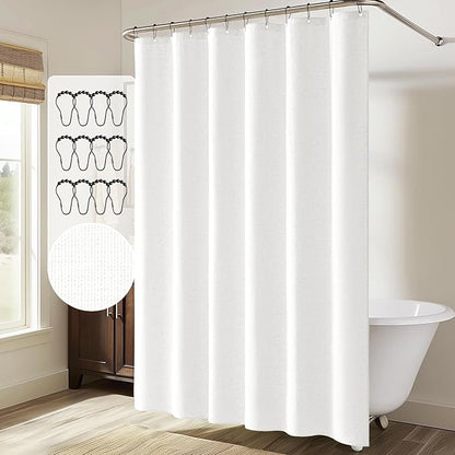 MIULEE W72*L90 Extra Long Linen Shower Curtain White 12 Metal Hooks | Washable, Heavy Fabric Shower Curtain Set, Waterproof Thick Cloth Shower Curtain, Bathroom Hotel Bathtub