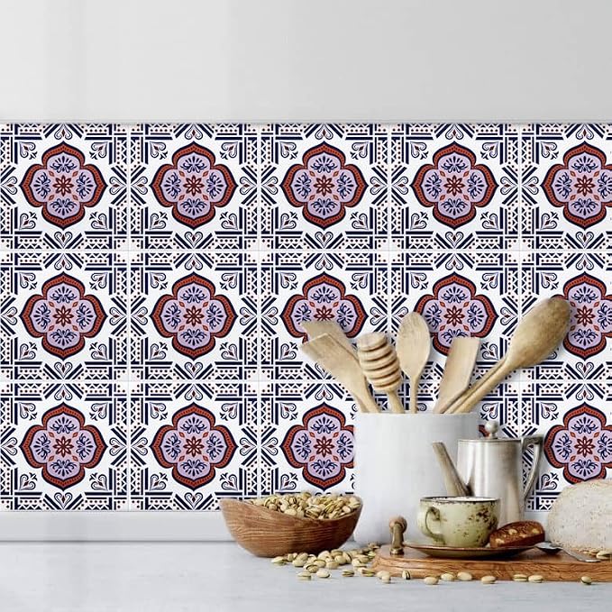 DICOFUN 32 Colorful Talavera Mexican Tile Peel and Stick Backsplash, 6" x 6" Waterproof Stick on Wall Tiles (Style 6)