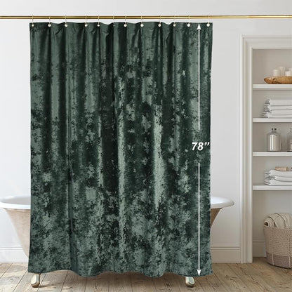 TAMGHO 78 inch Shower Curtain, Crushed Velvet Long Shower Curtain Set with 12 Gold Hooks, Waterproof Thick Fabric, Machine Washable, 72W x 78H, Dark Green