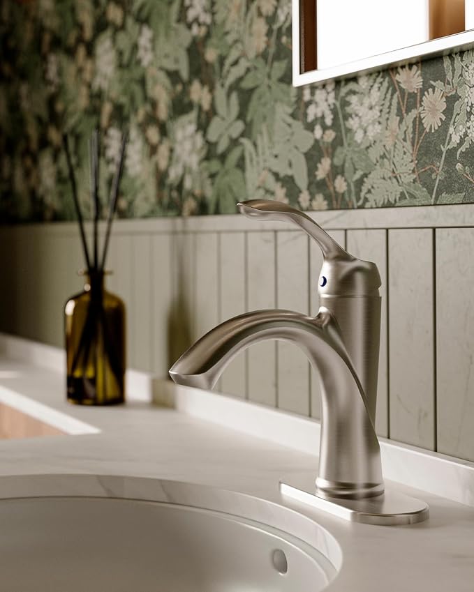 Brushed Nickel Bathroom Faucet 1 Hole One-Handle Lever Bathroom Sink Faucet | Bath Rustic Lavatory Basin Mixer Tap with Pop Up Drain with Overflow Supply Hose by Homevacious