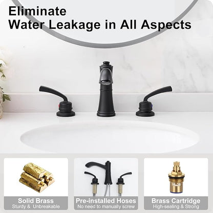 Brass Black Widespread Bathroom Faucet 3 Hole, 8 Inch Farmhouse Black Bathroom Sink Faucet 2 Handle with Pop up Drain & Pre-Installed Water Hose