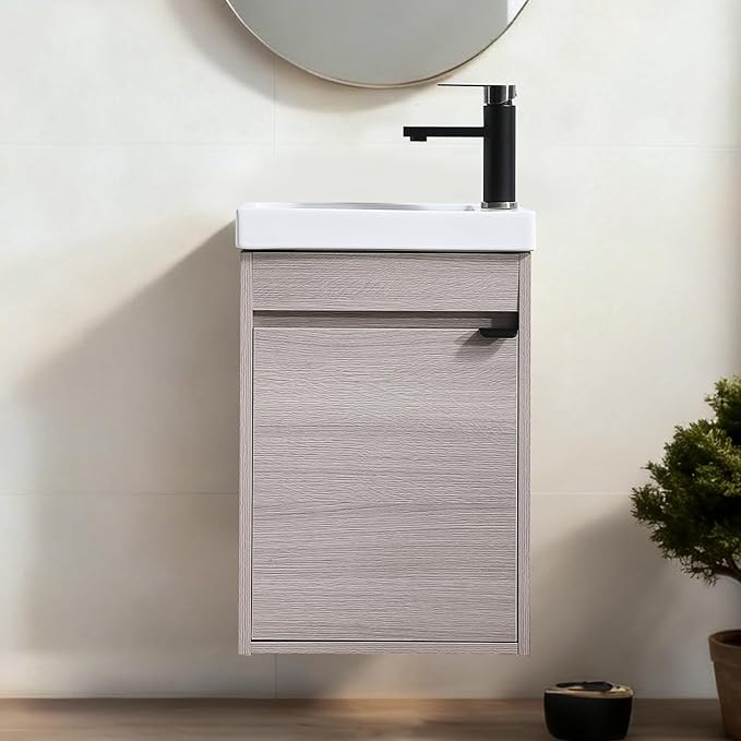 16 Inch Bathroom Vanity with Sink Combo, Wall Mounted Cabinet Set with 1 Door and White Ceramic Basin Sink Top, Forest Oak Floating Bathroom Vanity for Small Space