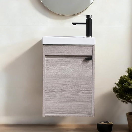 16 Inch Bathroom Vanity with Sink Combo, Wall Mounted Cabinet Set with 1 Door and White Ceramic Basin Sink Top, Forest Oak Floating Bathroom Vanity for Small Space