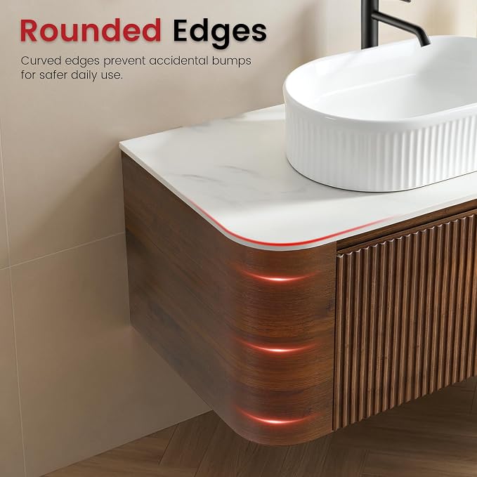 48" Floating Bathroom Vanity with White Sink, Rounded Edge, Walnut | Pre-Assembled Fluted Wall Mounted Vanity with Ceramic Vessel Sink, Rounded Edges, Soft-Close Drawer & Towel Rack