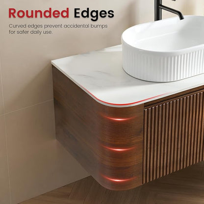 48" Floating Bathroom Vanity with White Sink, Rounded Edge, Walnut | Pre-Assembled Fluted Wall Mounted Vanity with Ceramic Vessel Sink, Rounded Edges, Soft-Close Drawer & Towel Rack